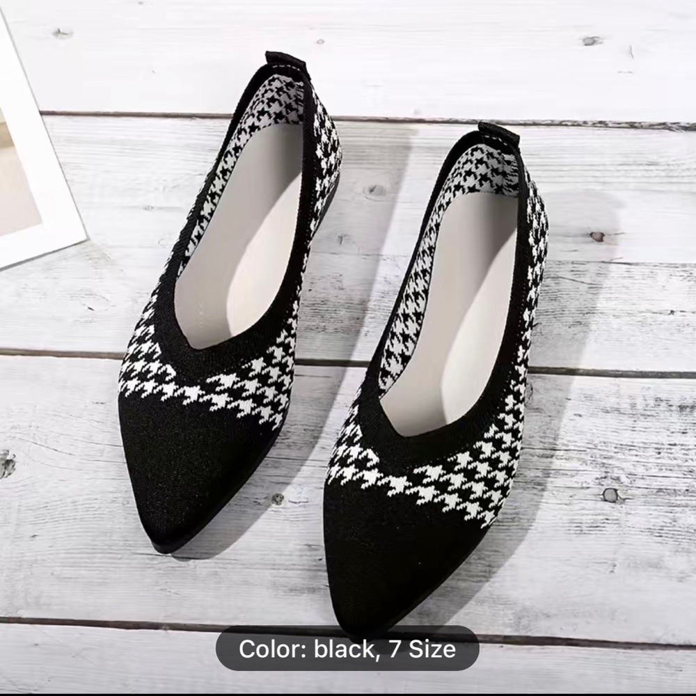 New tweed black white pointed pointy toed flat shoes